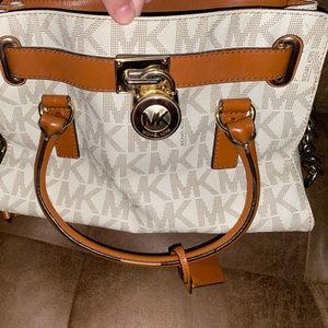 Michael Kors purse , gold chain shoulder strap , MK pattern